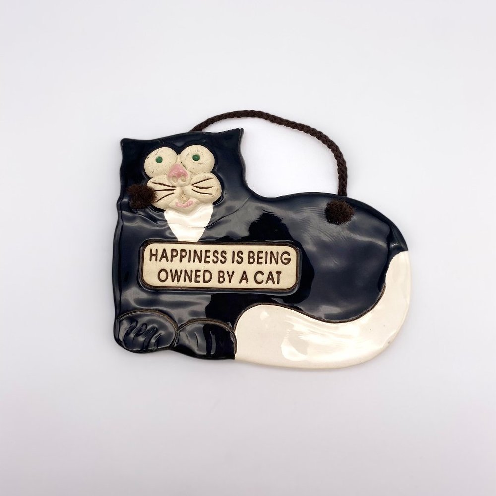 1990s Cat Wall Decor Sign - "Happiness is being owned by a cat"